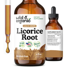 Wild & Organic licorice tincture bottle pour for daily digestive support.