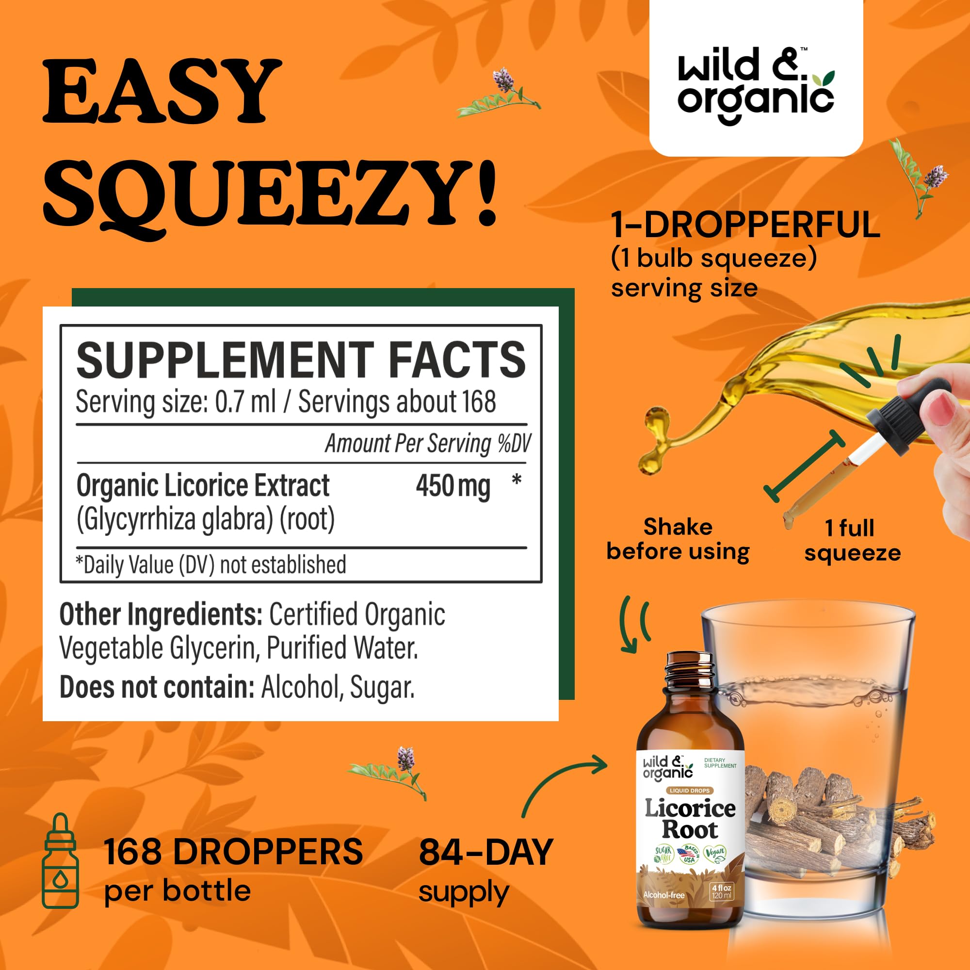 Wild & Organic licorice tincture label closeup showing vegan, non-GMO formula.
