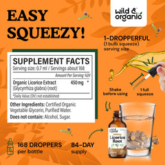 Wild & Organic licorice tincture label closeup showing vegan, non-GMO formula.