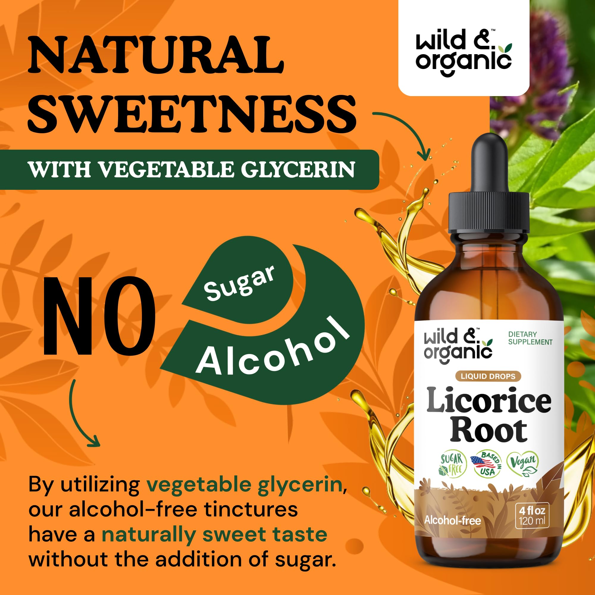 Wild & Organic licorice tincture packaging front highlighting natural formulation for digestive support.