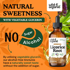 Wild & Organic licorice tincture packaging front highlighting natural formulation for digestive support.