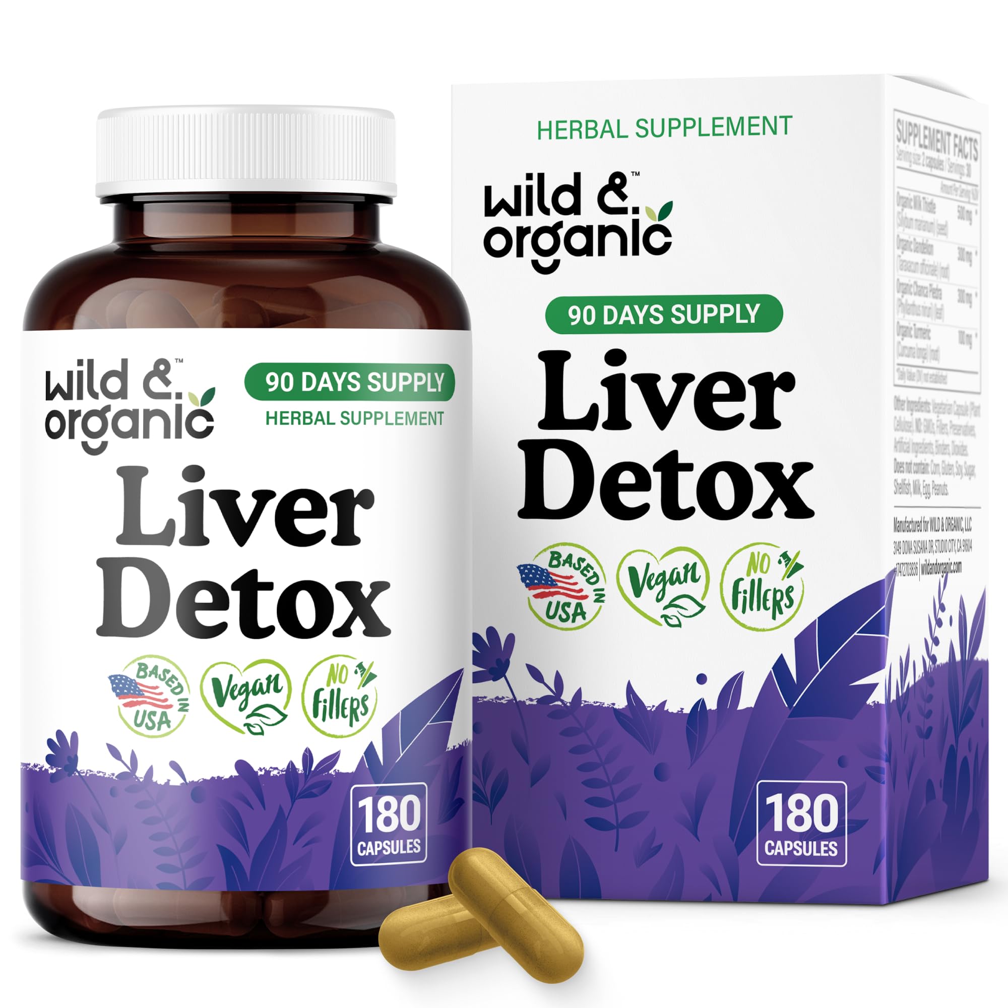 Wild & Organic Liver Detox bottle closeup shows vegan capsules for daily liver support.