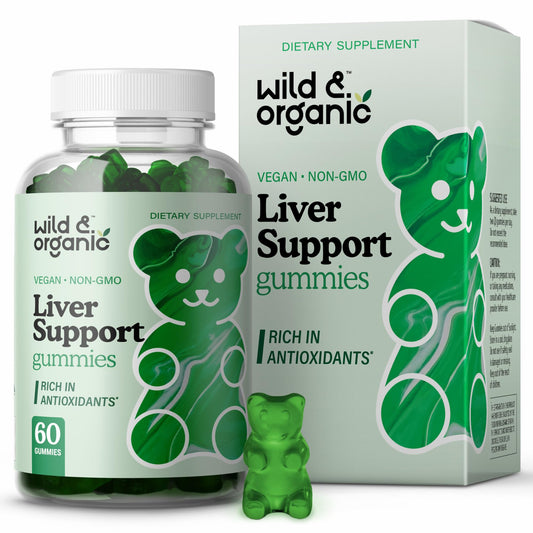 Wild & Organic Liver Support Gummies bottle highlights a vegan supplement for daily liver wellness.