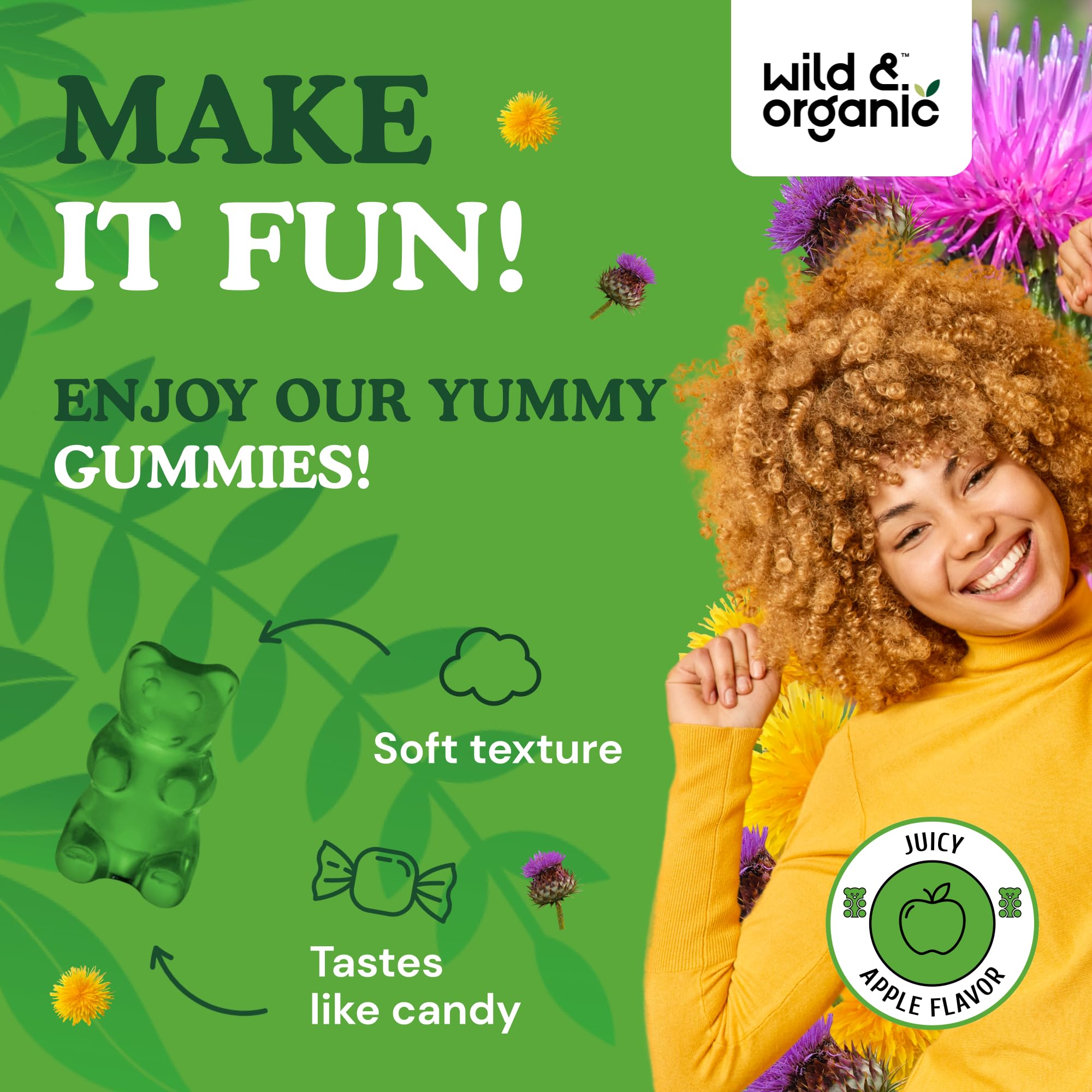 Wild & Organic Liver Support Gummies close-up of gummies conveys a chewy texture for easy daily use.