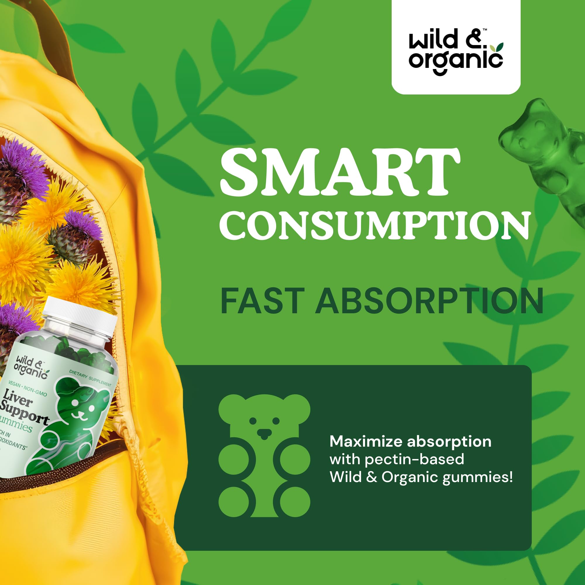 Wild & Organic Liver Support Gummies dandelion root image indicates 100 mg per gummy.