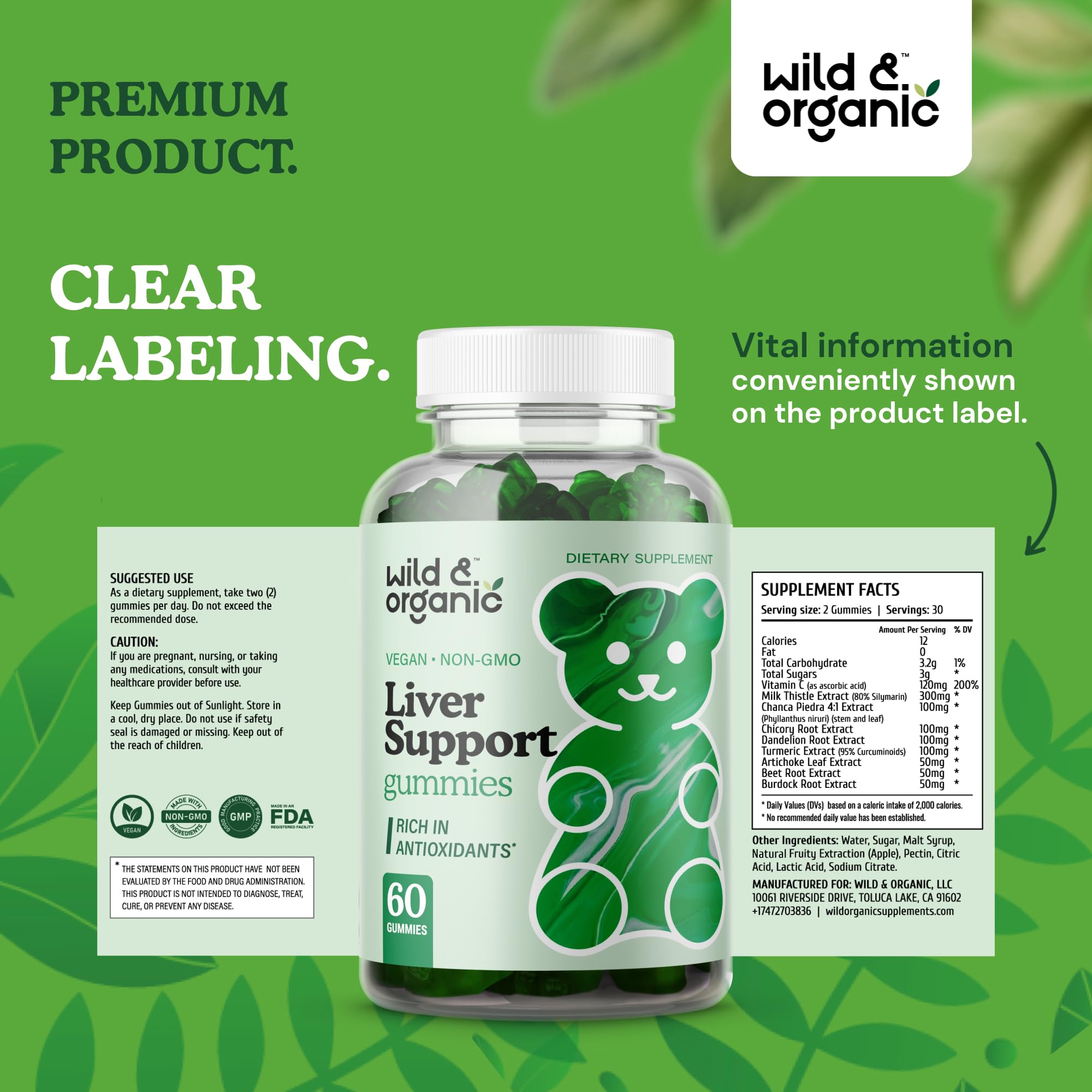 Wild & Organic Liver Support Gummies product shot emphasizes natural herbal ingredients and daily use.
