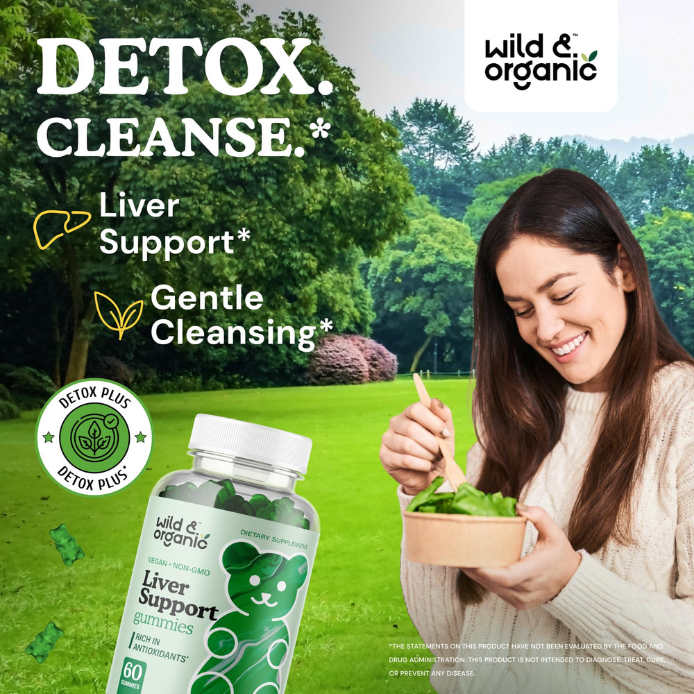 Wild & Organic Liver Support Gummies label closeup emphasizes milk thistle and dandelion ingredients.