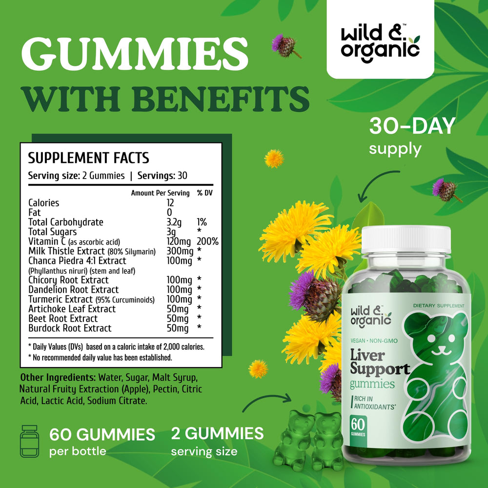 Wild & Organic Liver Support Gummies milk thistle panel shows 300 mg per gummy for detox support.