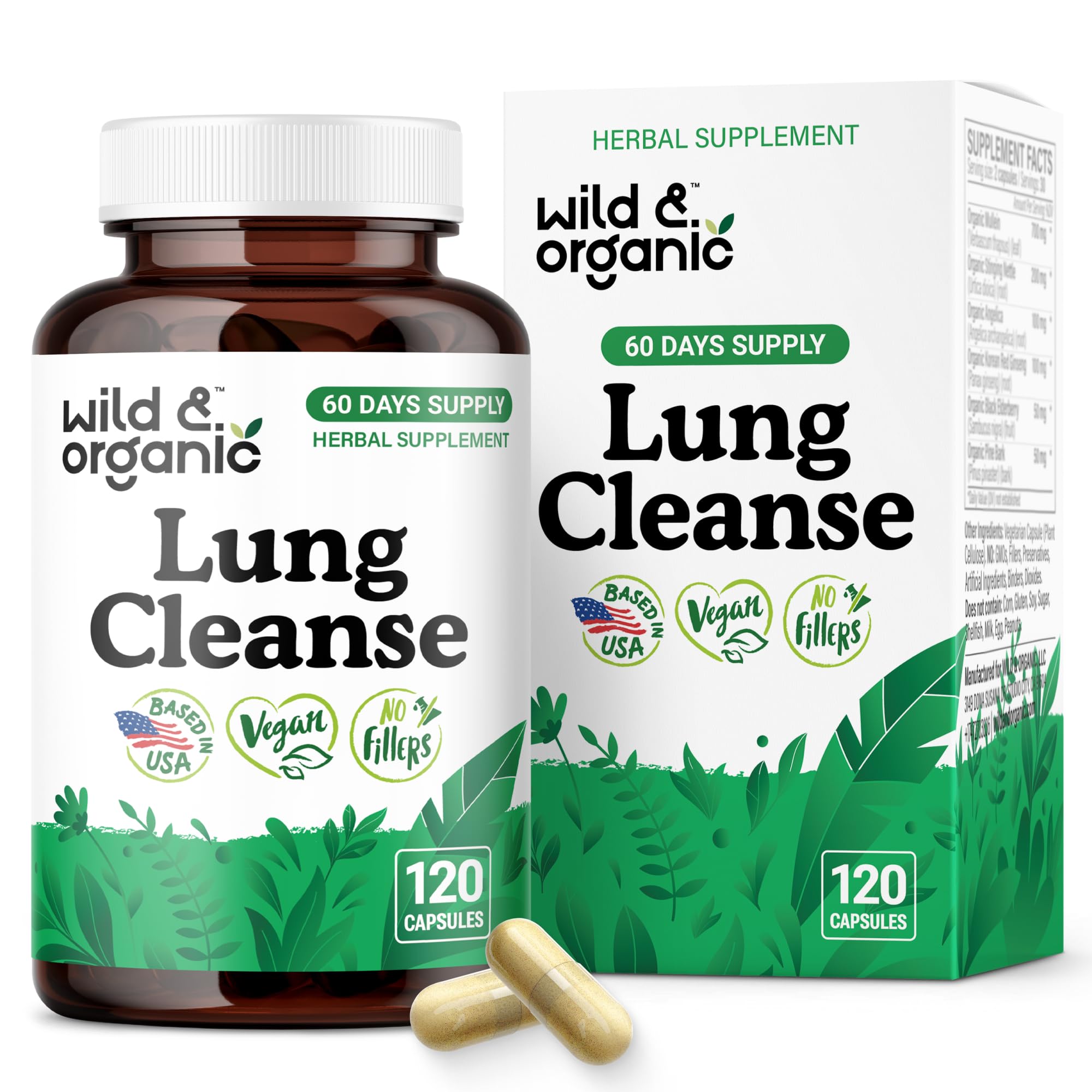 Wild and Organic Lung Cleanse bottle front view highlighting vegan formula for natural support