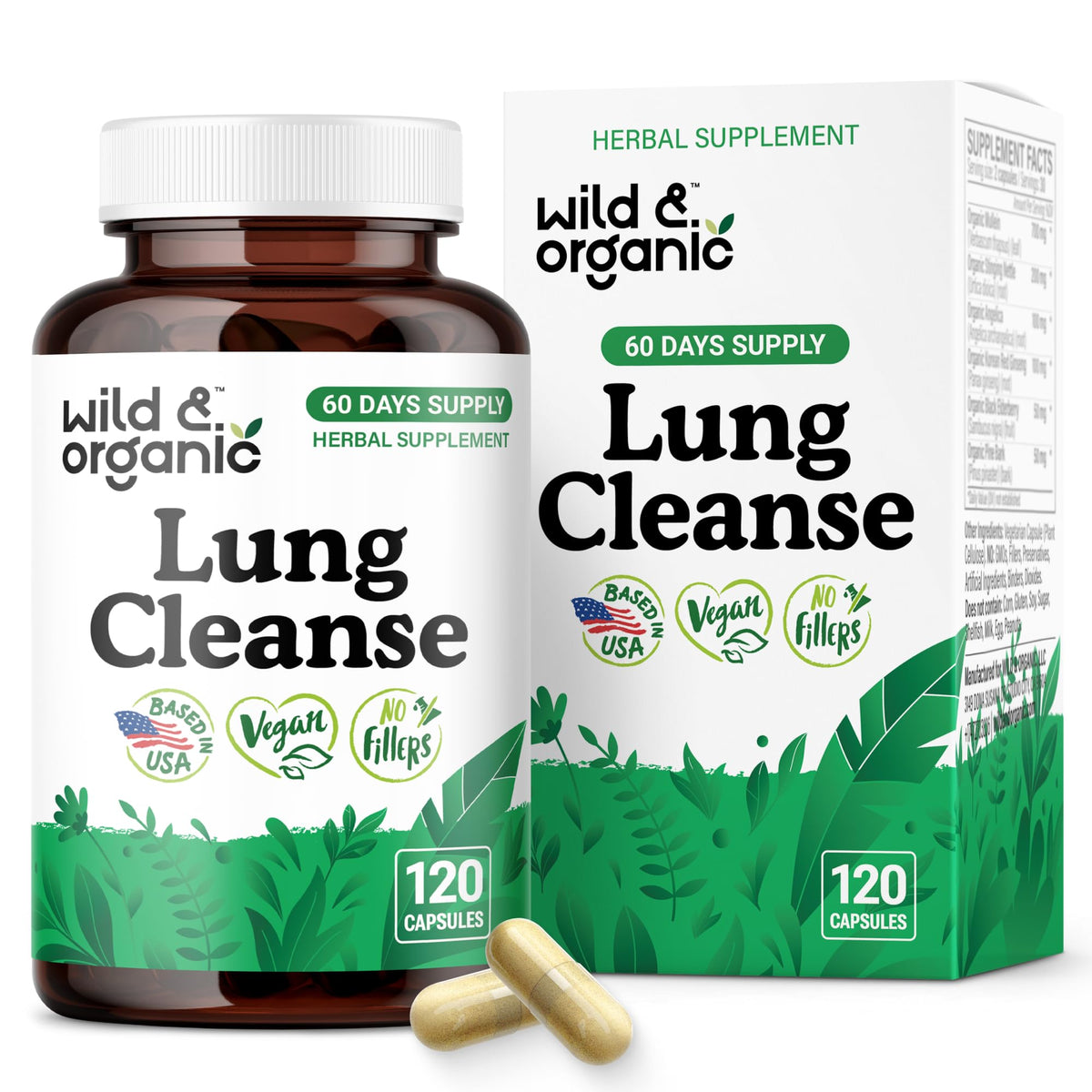 Wild and Organic Lung Cleanse bottle front view highlighting vegan formula for natural support