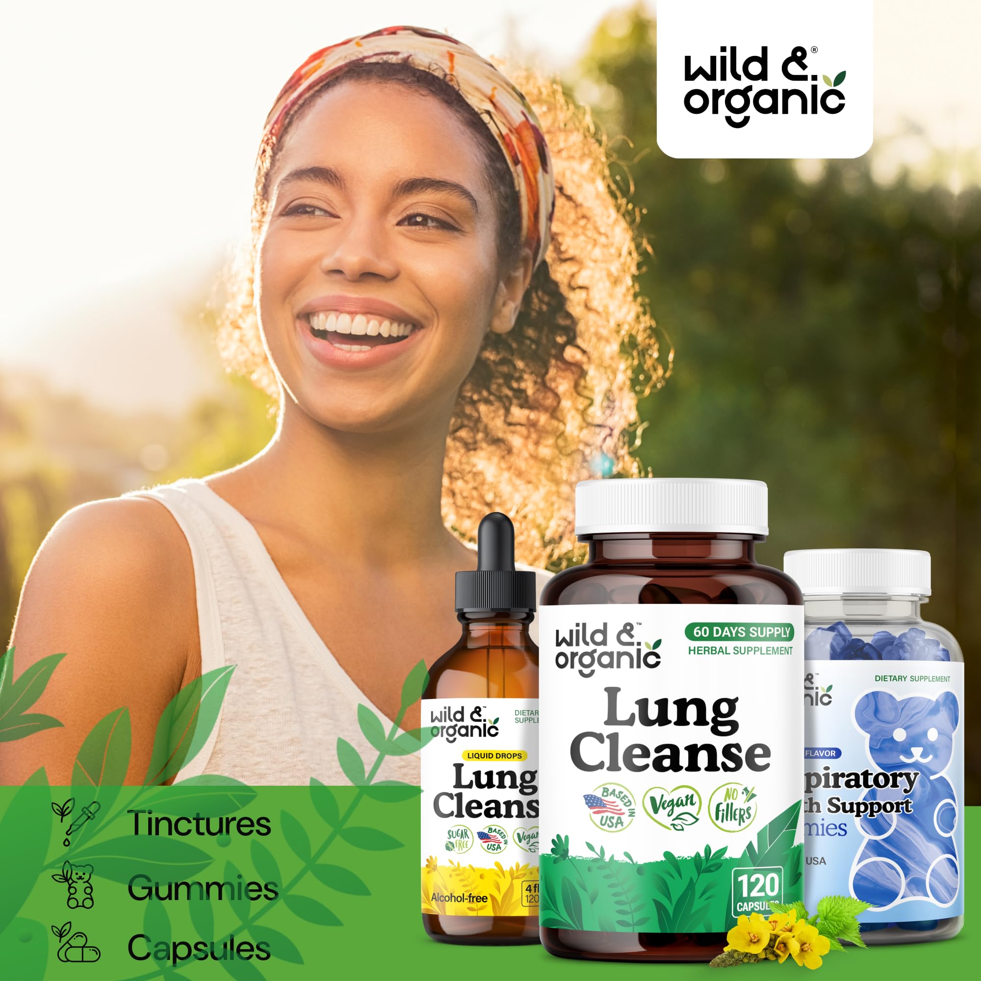 Wild and Organic Lung Cleanse bottle beside a glass of water for ease of daily use