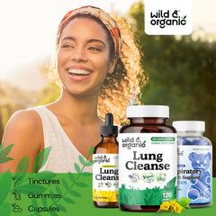 Wild and Organic Lung Cleanse bottle beside a glass of water for ease of daily use