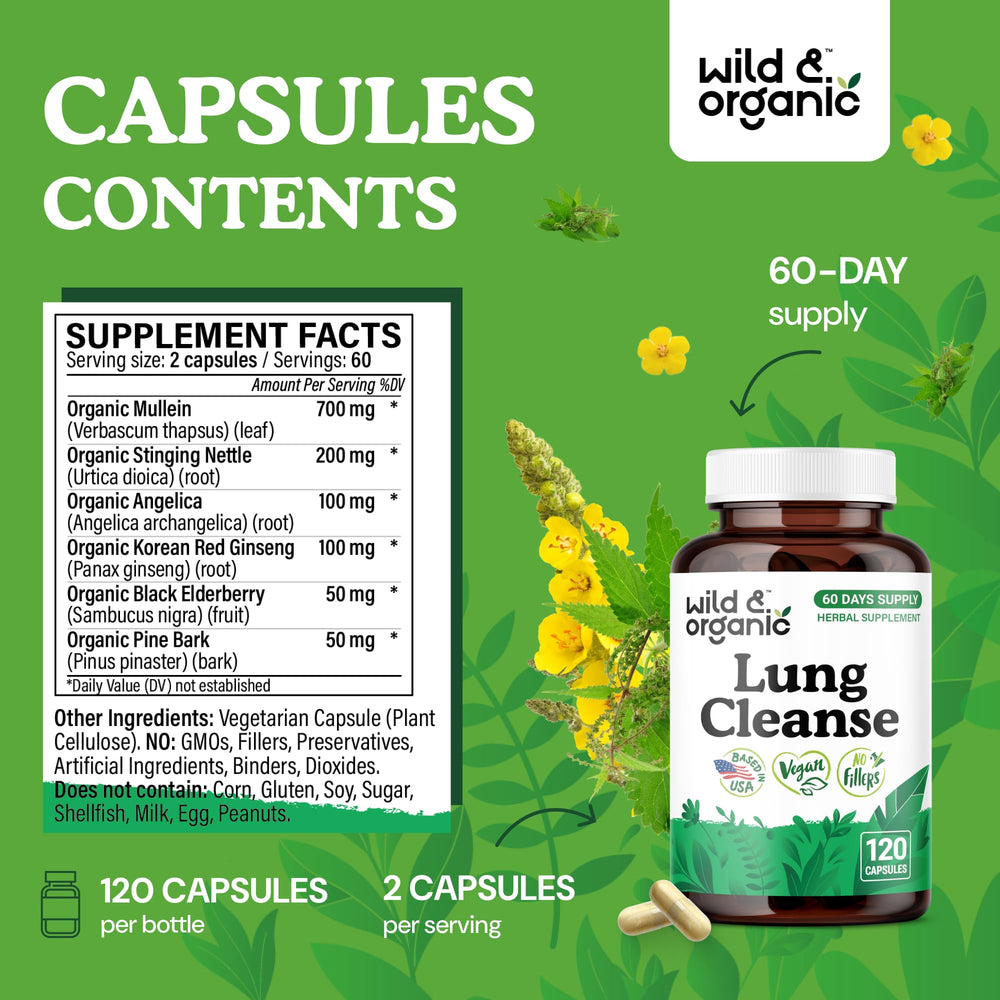 Wild and Organic Lung Cleanse bottle labeled vegan, non-GMO, designed for daily wellness
