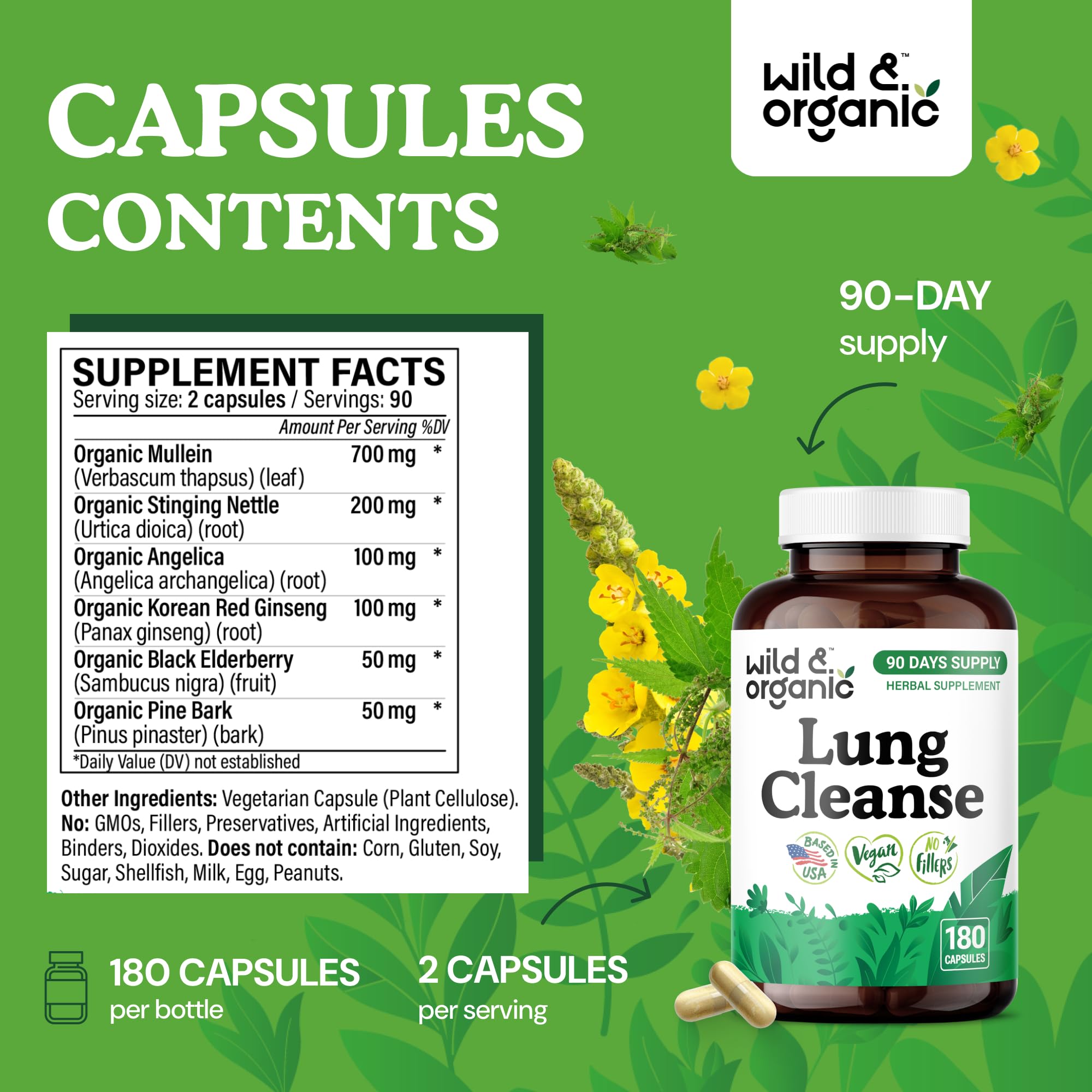 Wild & Organic Lung Cleanse ingredients blend with mullein, nettle, and ginseng