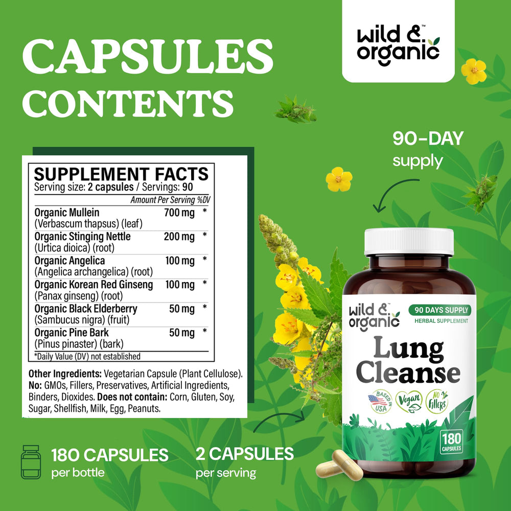Wild & Organic Lung Cleanse ingredients blend with mullein, nettle, and ginseng