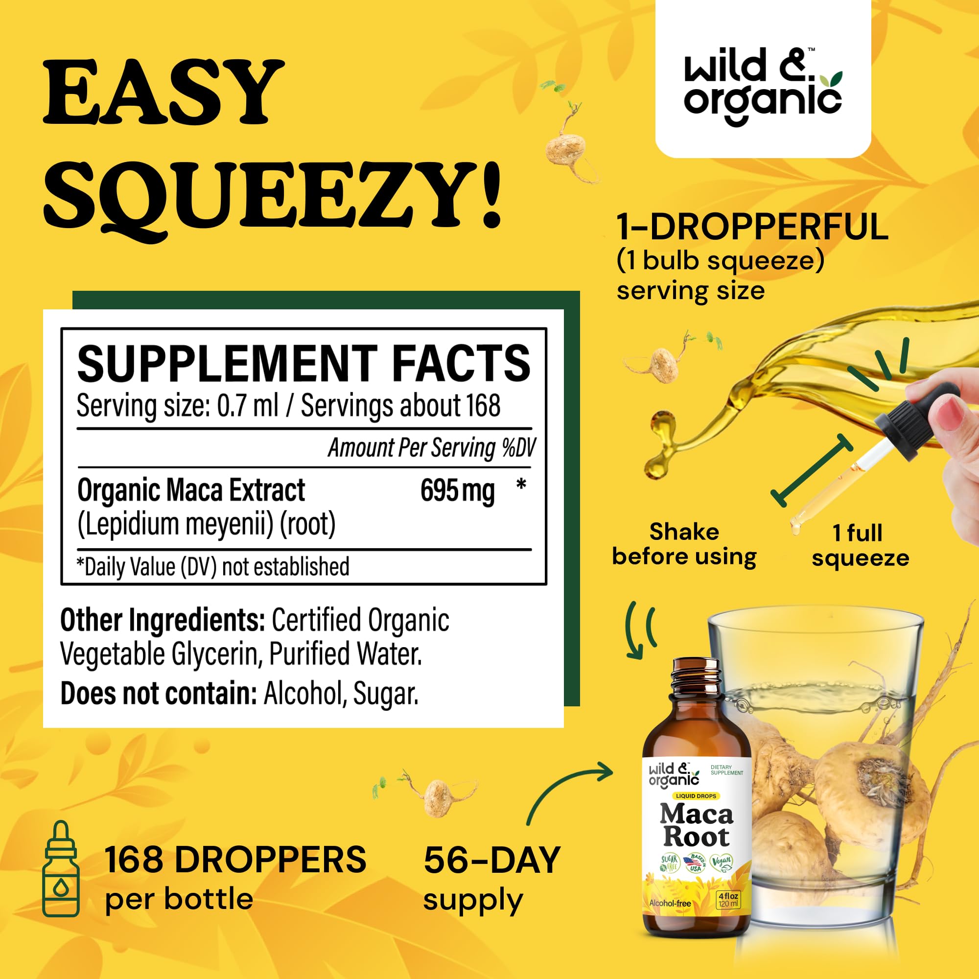 Wild & Organic maca bottle label closeup highlighting natural formula