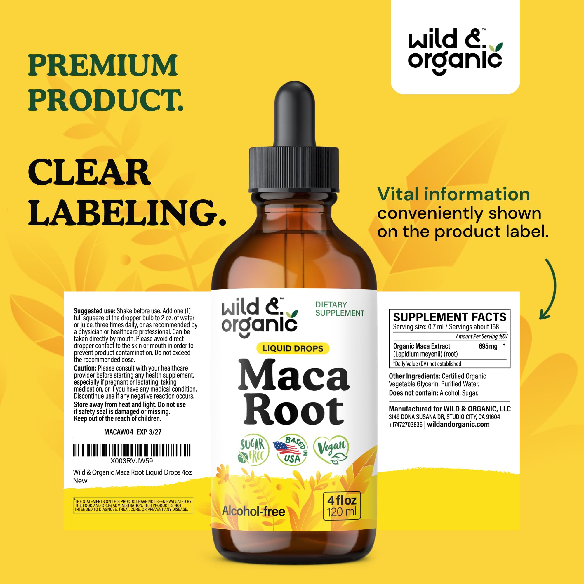Wild & Organic maca bottle with measurement marks for servings