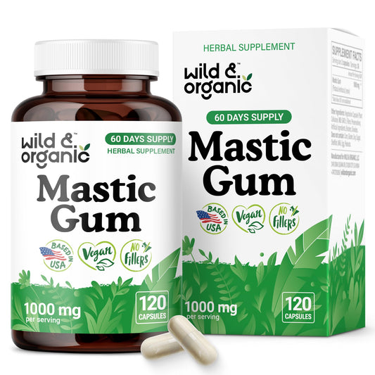 Wild & Organic mastic gum capsules bottle front for a two-month supply and gut support