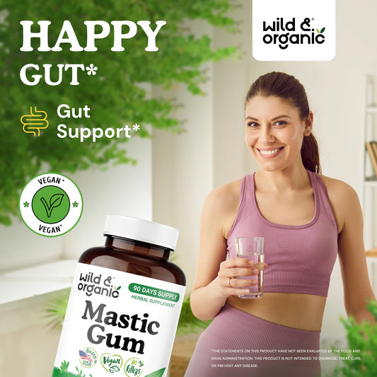 Wild & Organic mastic gum package label highlighting vegan and GMO-free