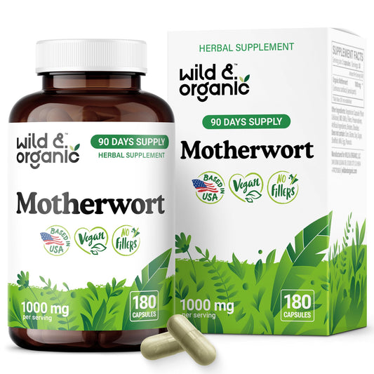 Wild & Organic Motherwort Capsules bottle hero shot showing calmness focus, 1000 mg per serving.