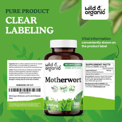 Serving size illustration for Wild & Organic Motherwort capsules, two capsules per day.