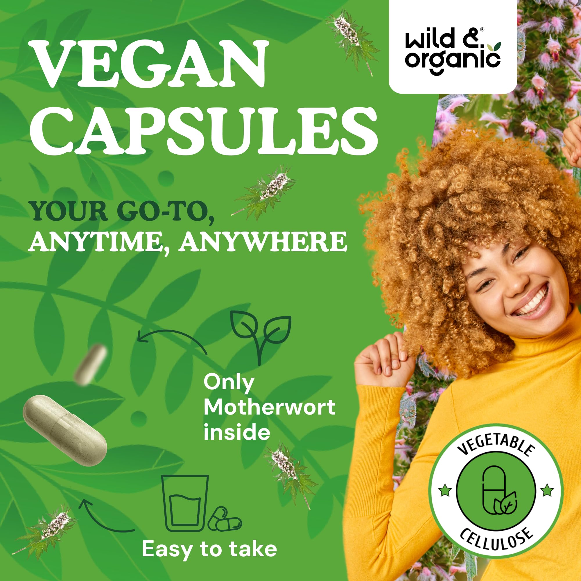 Vegan coating closeup on Wild & Organic Motherwort capsules, plant-based design.