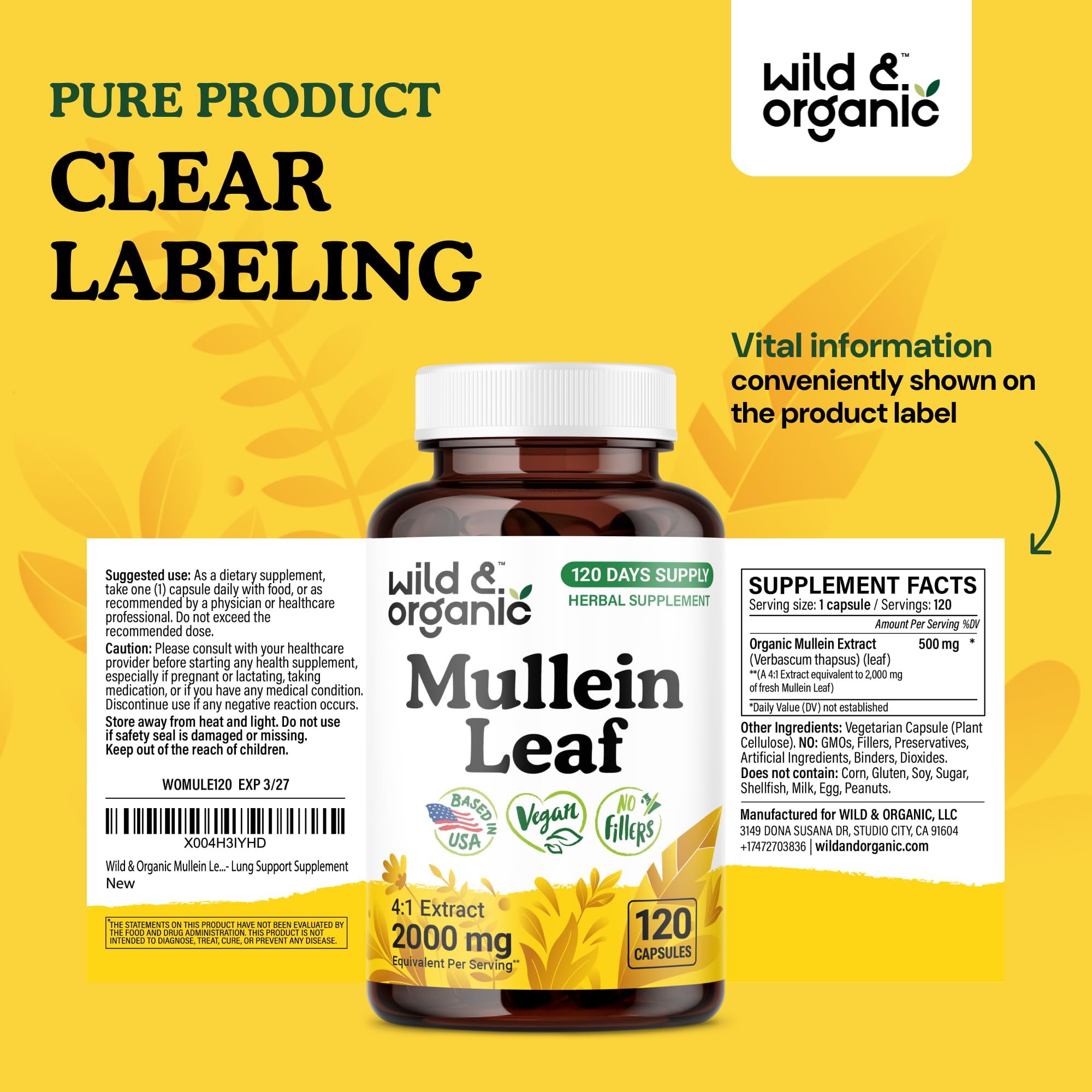 Wild & Organic Mullein Capsules 120 capsules per bottle for four-month supply
