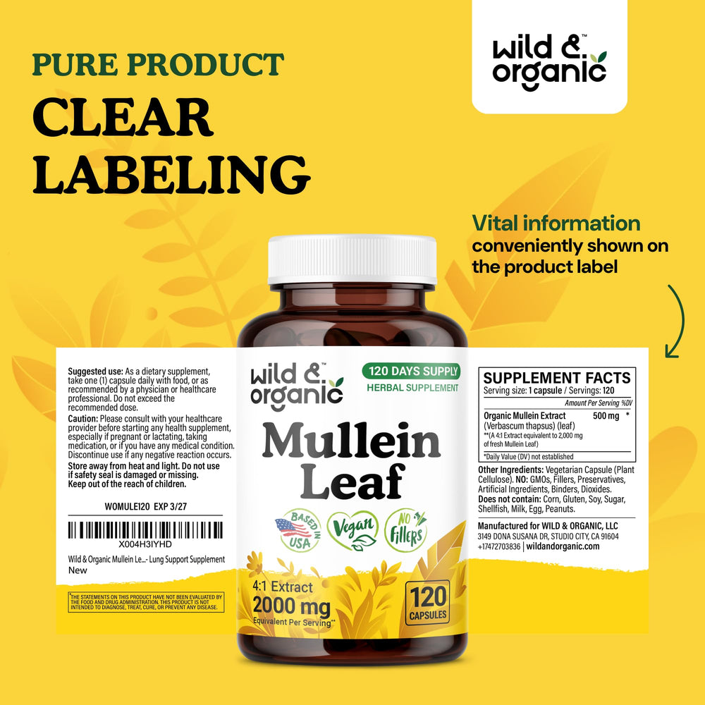 Wild & Organic Mullein Capsules 120 capsules per bottle for four-month supply