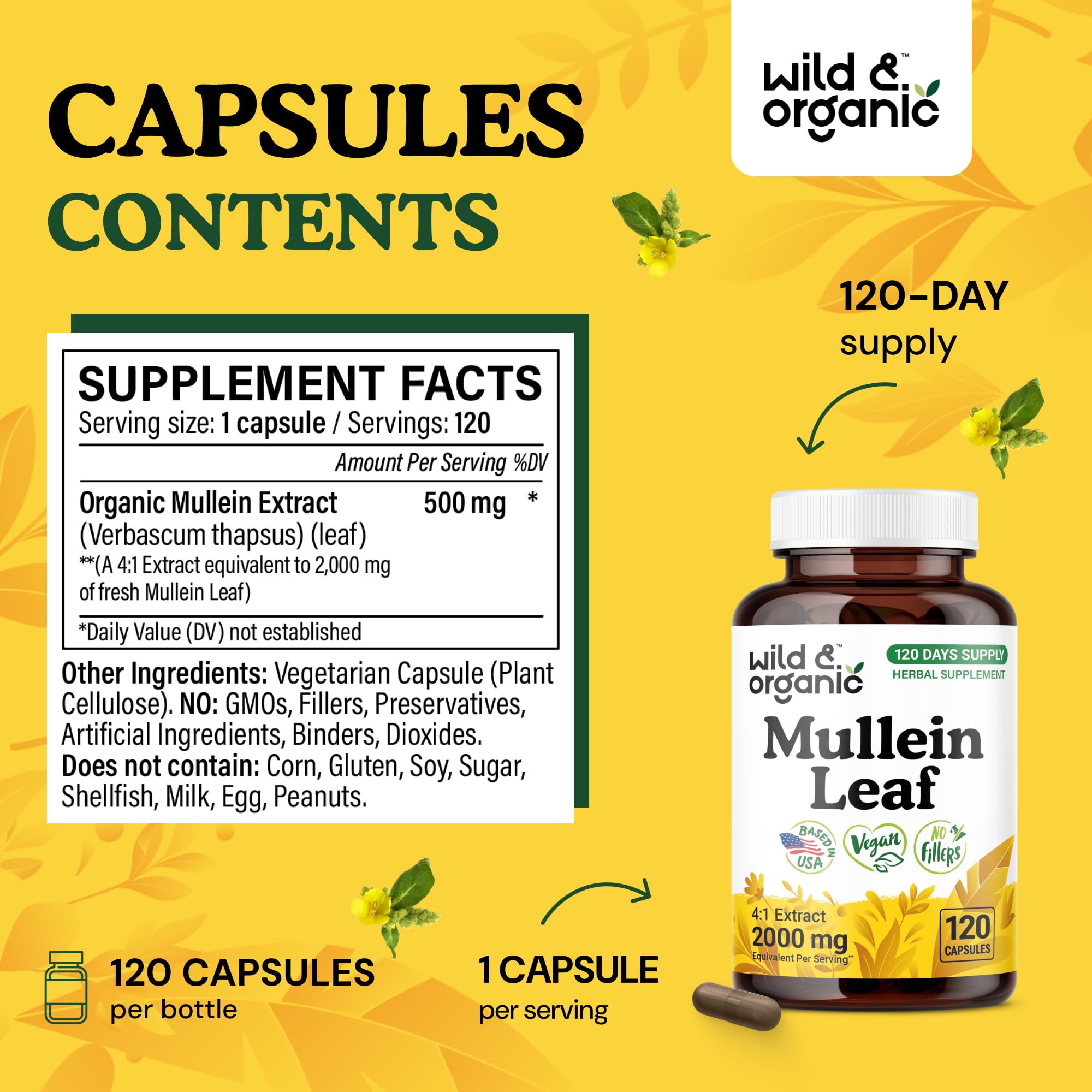 Wild & Organic Mullein Capsules 400 mg per serving highlight on label