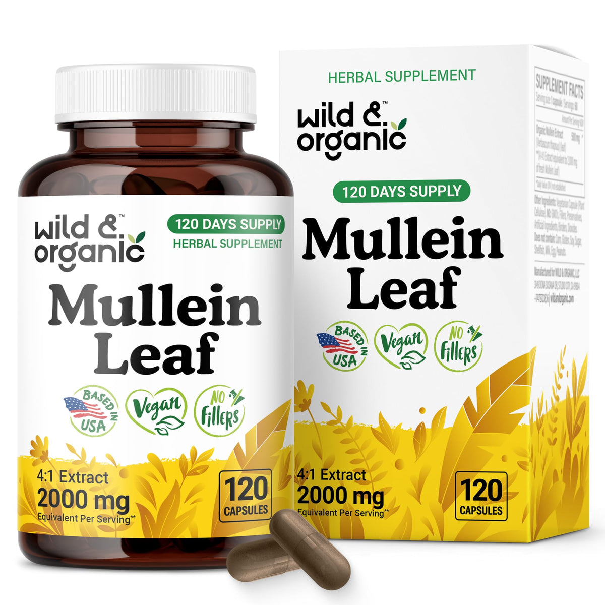 Wild & Organic Mullein Capsules bottle front showing the 120-capsule pack for daily lung support