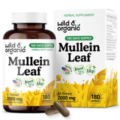 Wild & Organic Mullein Capsules bottle for six-month lung support routine