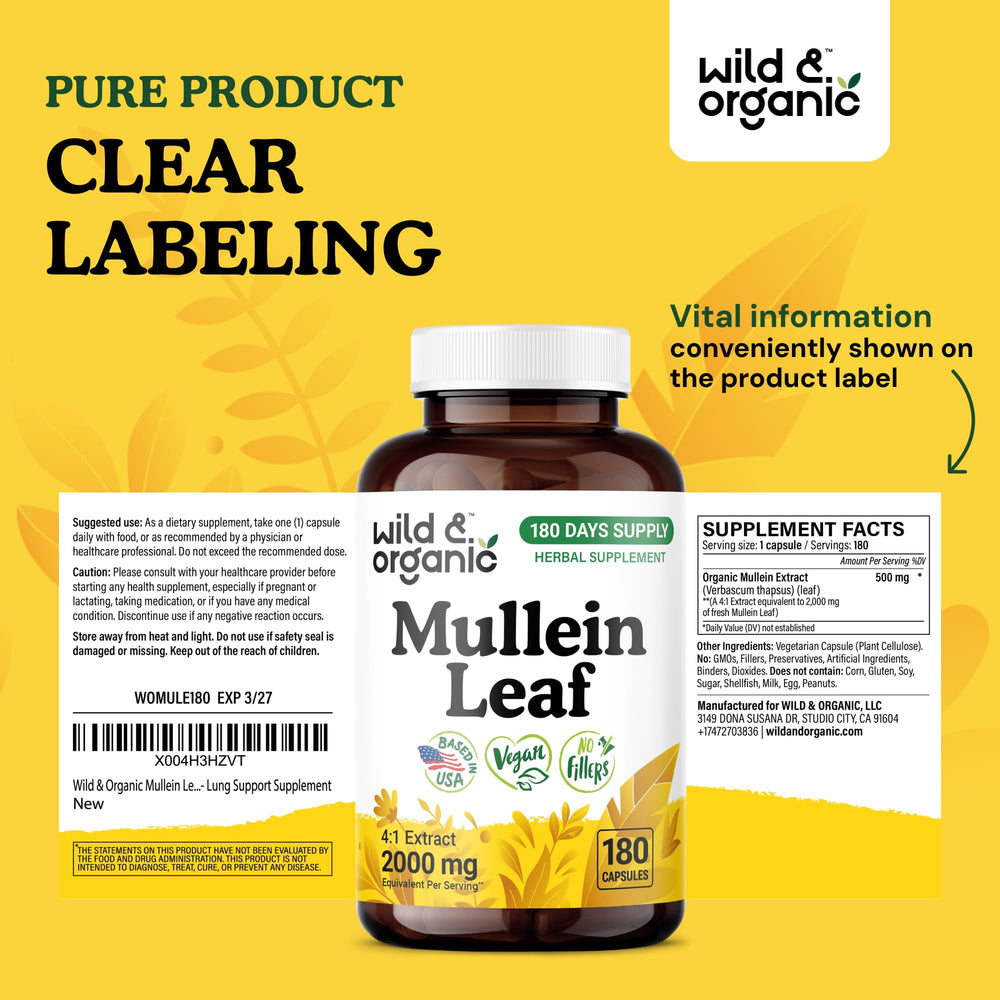 Wild & Organic Mullein Capsules label shows 4:1 extract for lungs