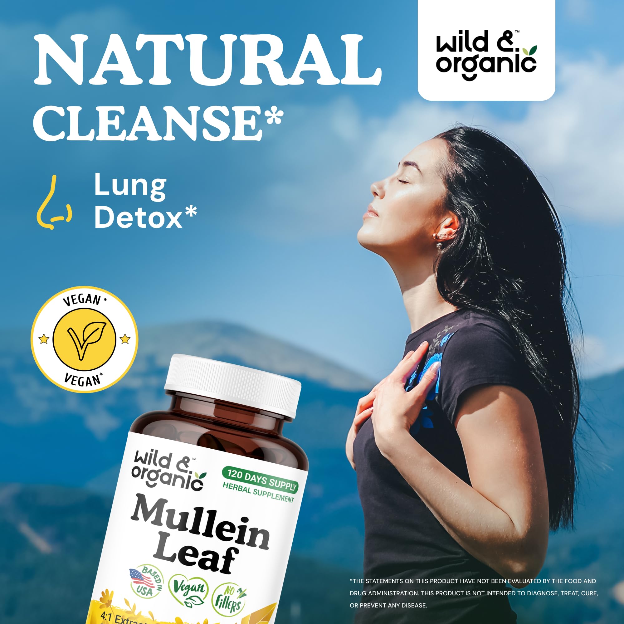 Wild & Organic Mullein Capsules label detail with ingredients and extract ratio