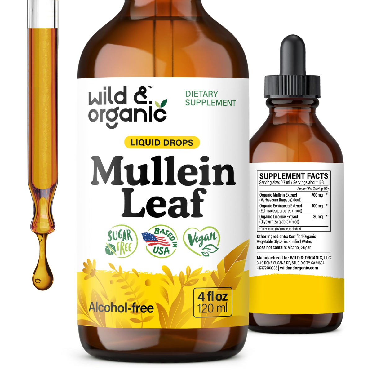 Wild & Organic Mullein Drops bottle highlights lung-support formula for daily use.