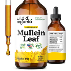 Wild & Organic Mullein Drops bottle highlights lung-support formula for daily use.