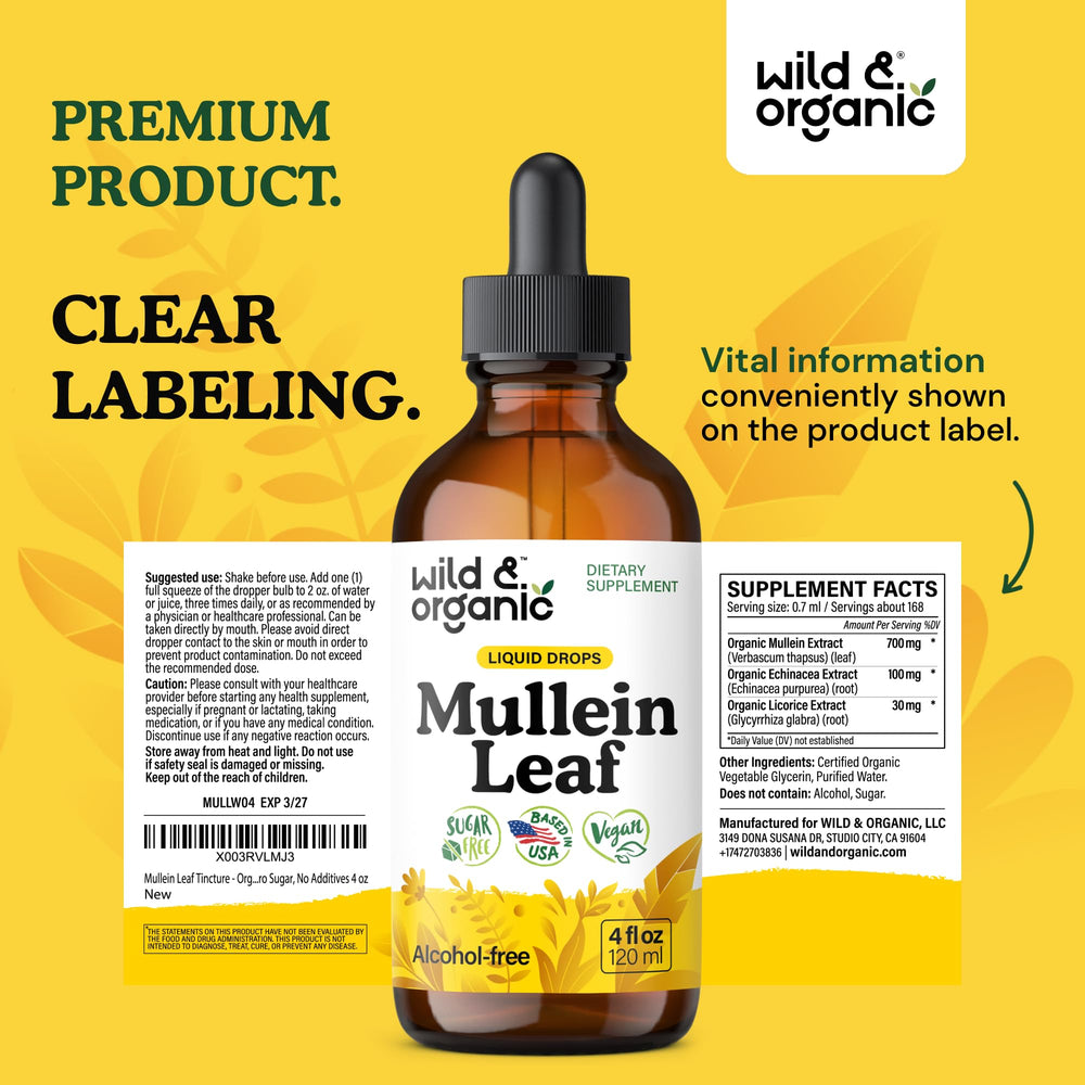 Wild & Organic Mullein Drops daily-use concept suggests routine wellness.