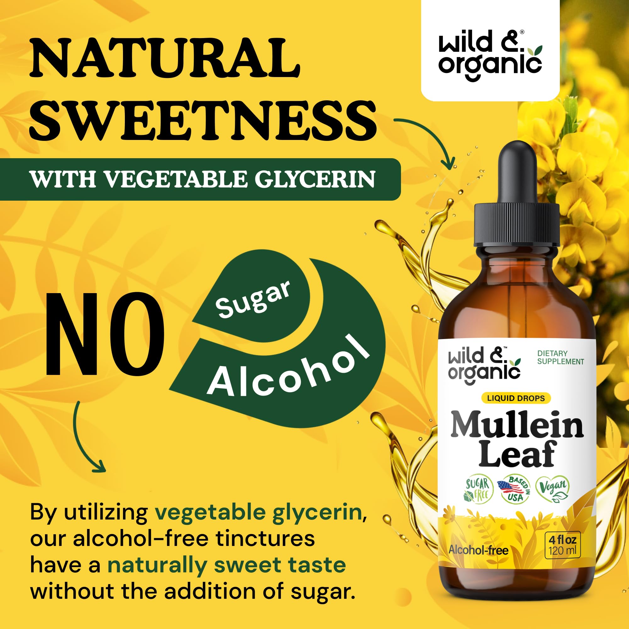 Wild & Organic Mullein Drops glycerin base image underscores alcohol-free tincture.