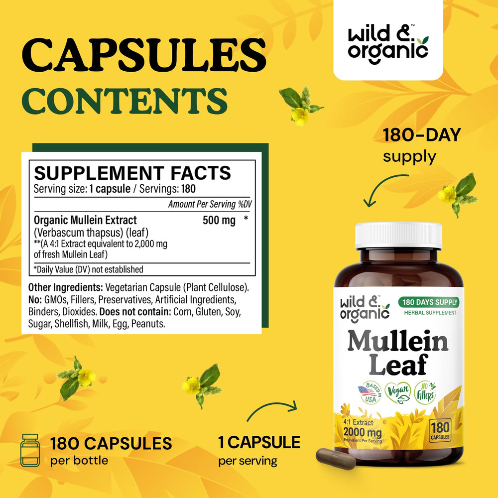 Wild & Organic Mullein Leaf Extract Capsule close-up showing plant-based wellness