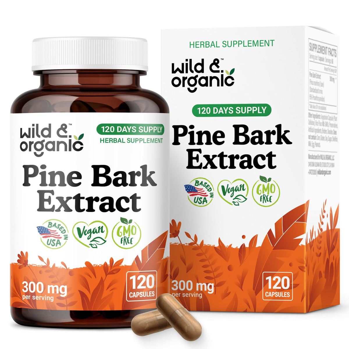 Wild & Organic pine bark extract bottle front view, highlighting antioxidant support.