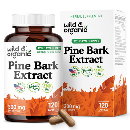 Wild & Organic pine bark extract bottle front view, highlighting antioxidant support.