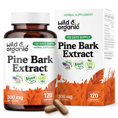 Wild & Organic pine bark extract bottle front view, highlighting antioxidant support.