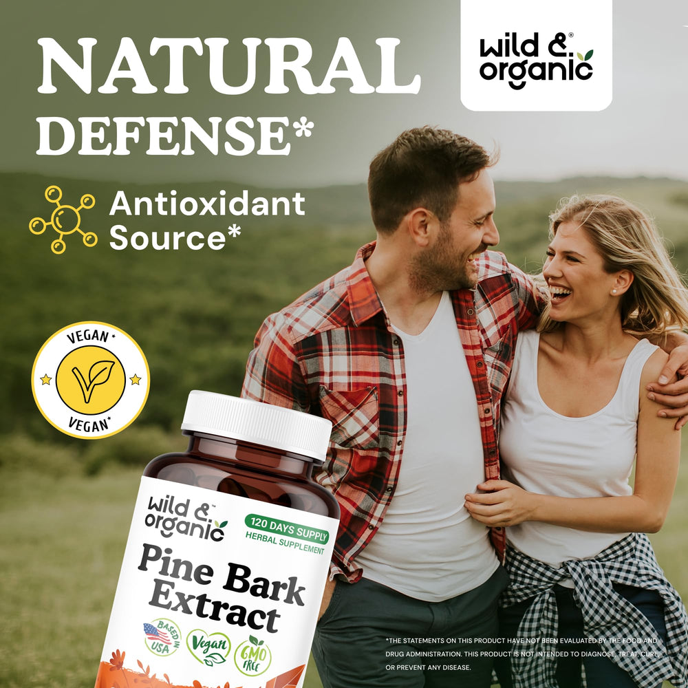 Wild & Organic pine bark capsules bottle side view demonstrates easy-to-take format.