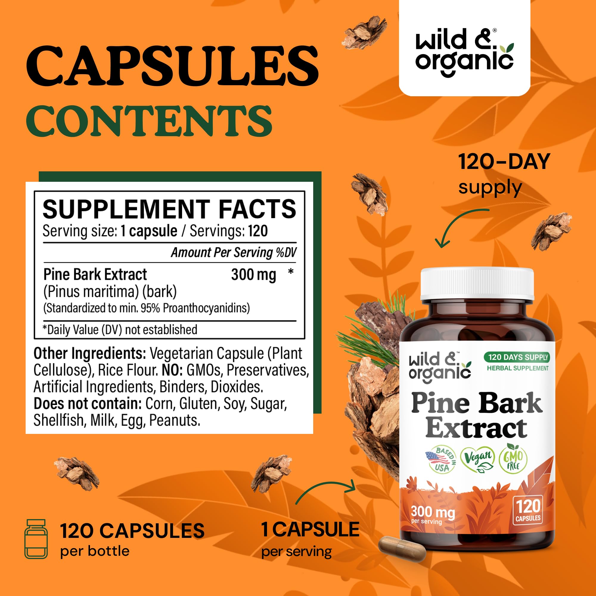Wild & Organic pine bark extract capsules close-up highlighting smooth, vegan-friendly texture.