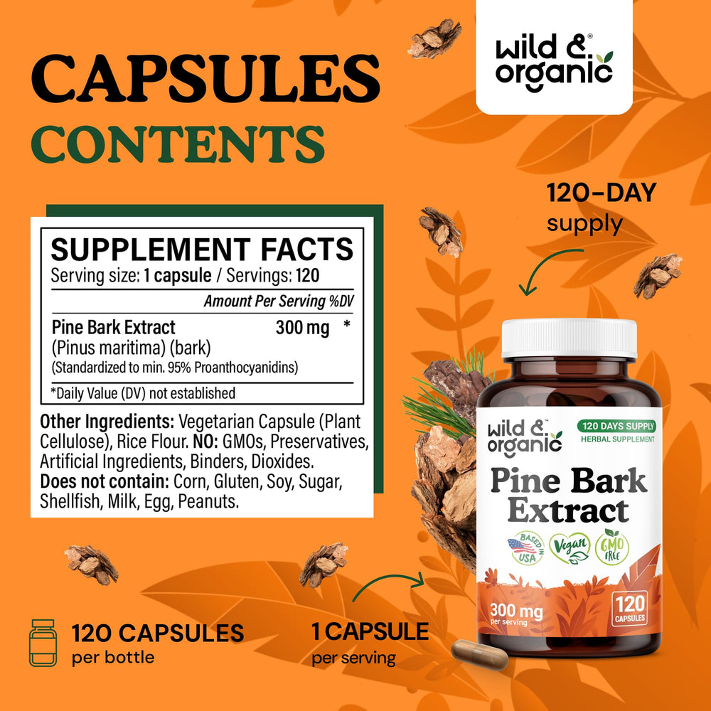 Wild & Organic pine bark extract capsules close-up highlighting smooth, vegan-friendly texture.