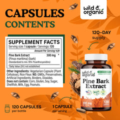 Wild & Organic pine bark extract capsules close-up highlighting smooth, vegan-friendly texture.