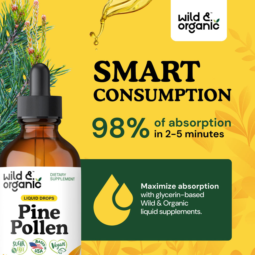 Wild & Organic pine pollen ingredients close-up with vegan, GMO-free label.
