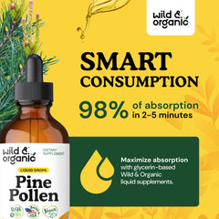Wild & Organic pine pollen ingredients close-up with vegan, GMO-free label.
