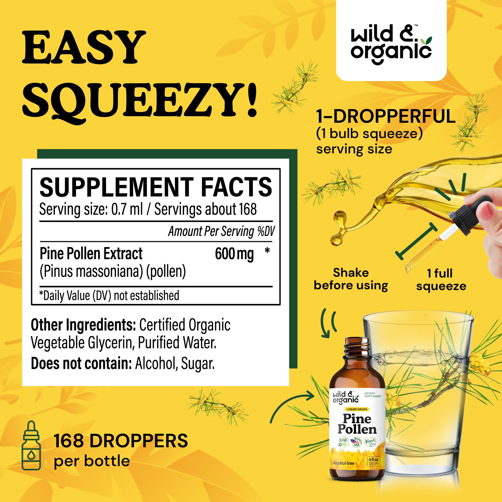 Wild & Organic pine pollen powder liquid form close-up highlighting natural sweetness.