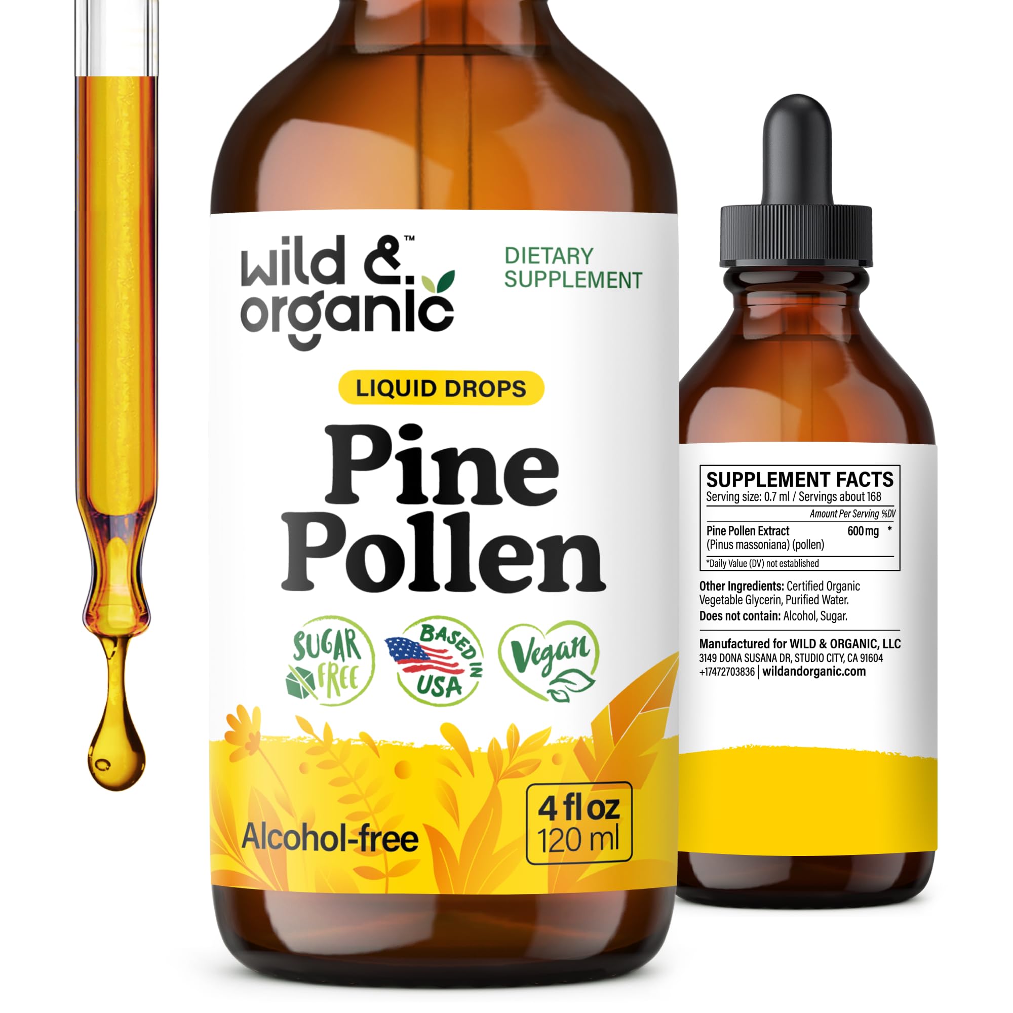 Wild & Organic pine pollen tincture bottle showing vegan, alcohol-free option.