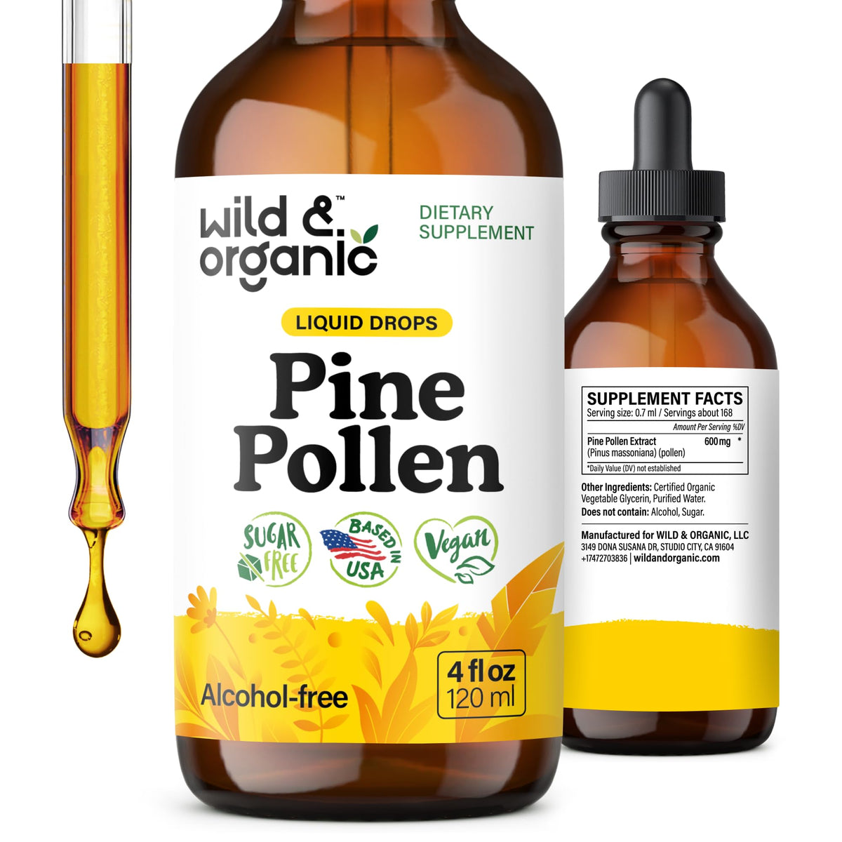 Wild & Organic pine pollen tincture bottle showing vegan, alcohol-free option.